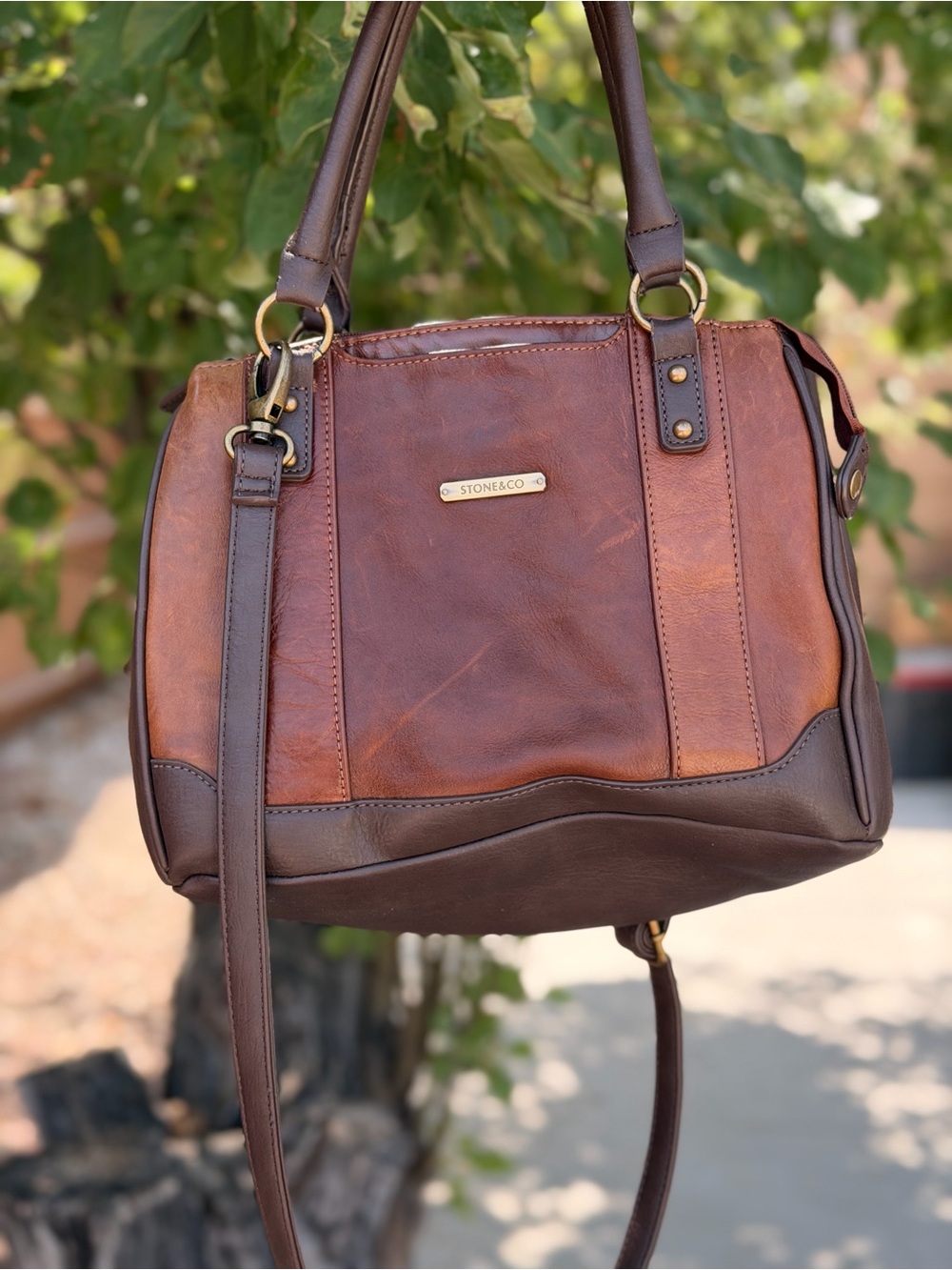 Stone & Co. Brown Two-Tone Leather Shoulder Bag with Gold Hardware